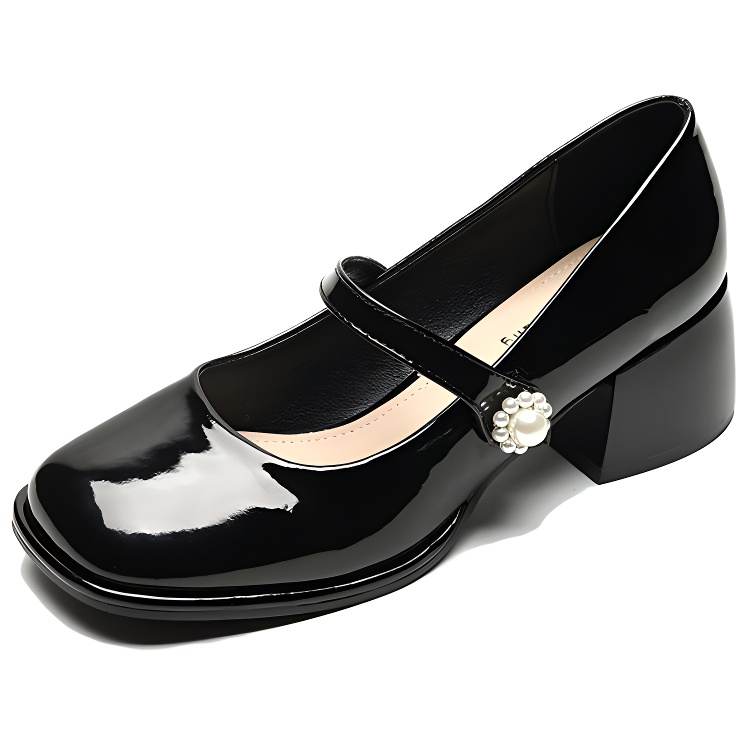 WEISHIBANGWEI Microfiber Leather Chunky Heel Mary Jane Shoes 5CM Women's Black