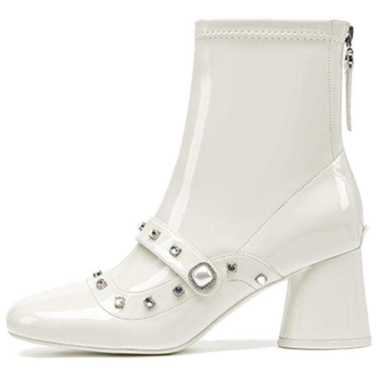 SHOESZOOO White High Heels Cow Leather Ankle Boots 6.5cm Women's Moon White