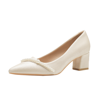Pounise Fabric Chunky Heel High Heels 5.5cm Women's Apricot
