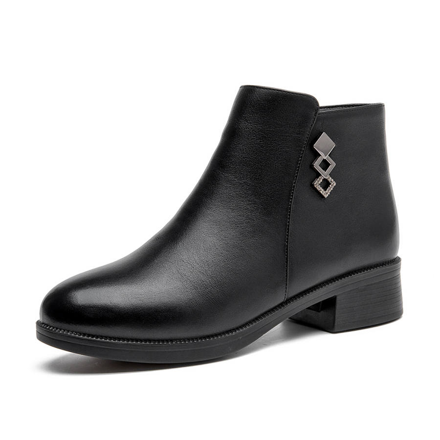AOKANG Classic, Metal Detail, Casual Versatile, Thickened And Fleece Lined Ankle Boots 3.5cm Women's Black