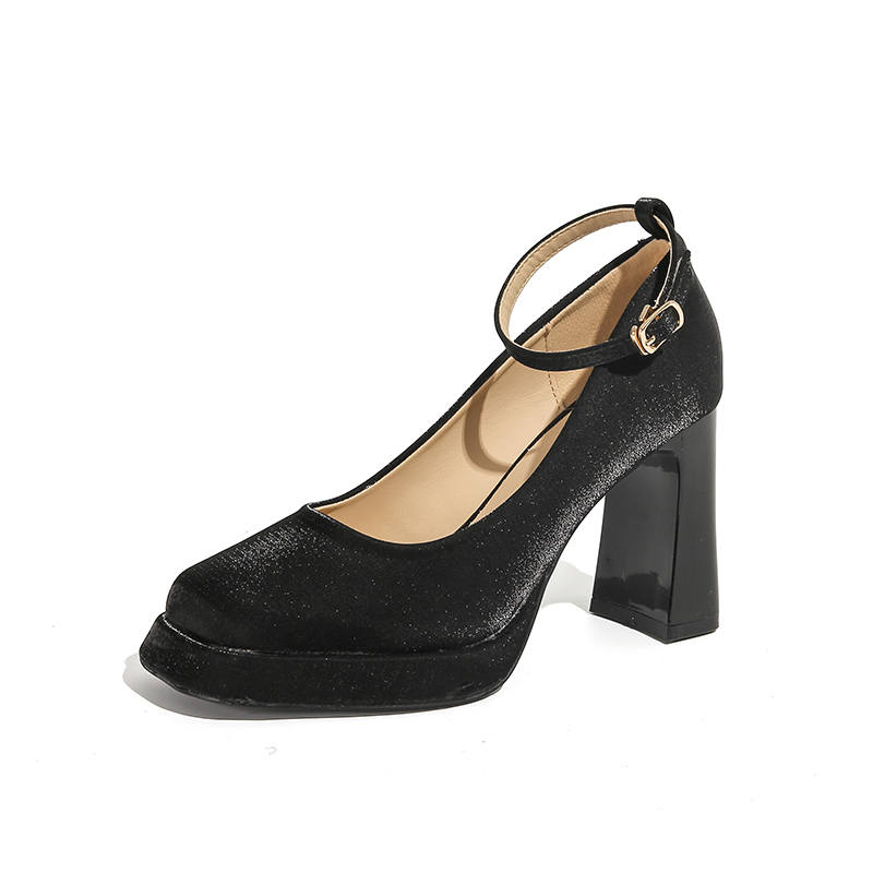 Bamiti Microfiber Leather Chunky Heel High Heels 9cm Women's Black