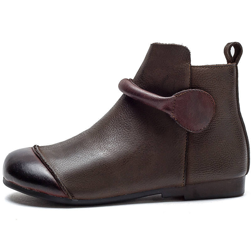 JIEZHOU Top Grain Cow Leather Vintage Casual Flat Comfortable Soft Sole Fleece Lined Ankle Boots 1.5cm Women's