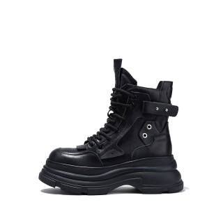 BELLALILY Top Grain Cow Leather Crew Combat Boots Women's Black