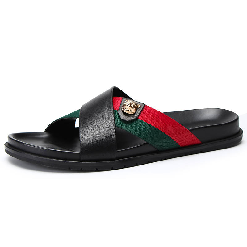 Brounvanm Top Grain Cow Leather Beach Sandals Men's Black