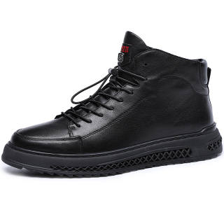AOLUN Top Grain Cow Leather Fleece Lined Versatile Korean Style Trendy High top Skateboard Shoes Men's Black