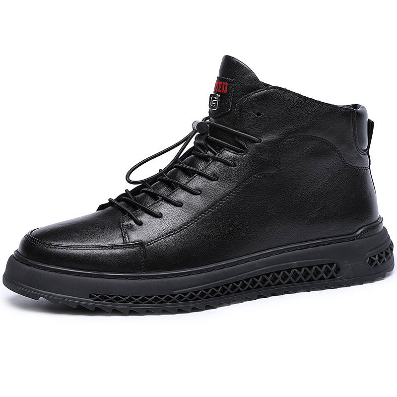 AOLUN Top Grain Cow Leather Fleece Lined Versatile Korean Style Trendy High top Skateboard Shoes Men's Black