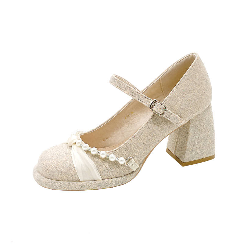 WUGUNIANG Chunky Heel Mary Jane Shoes Women's Apricot