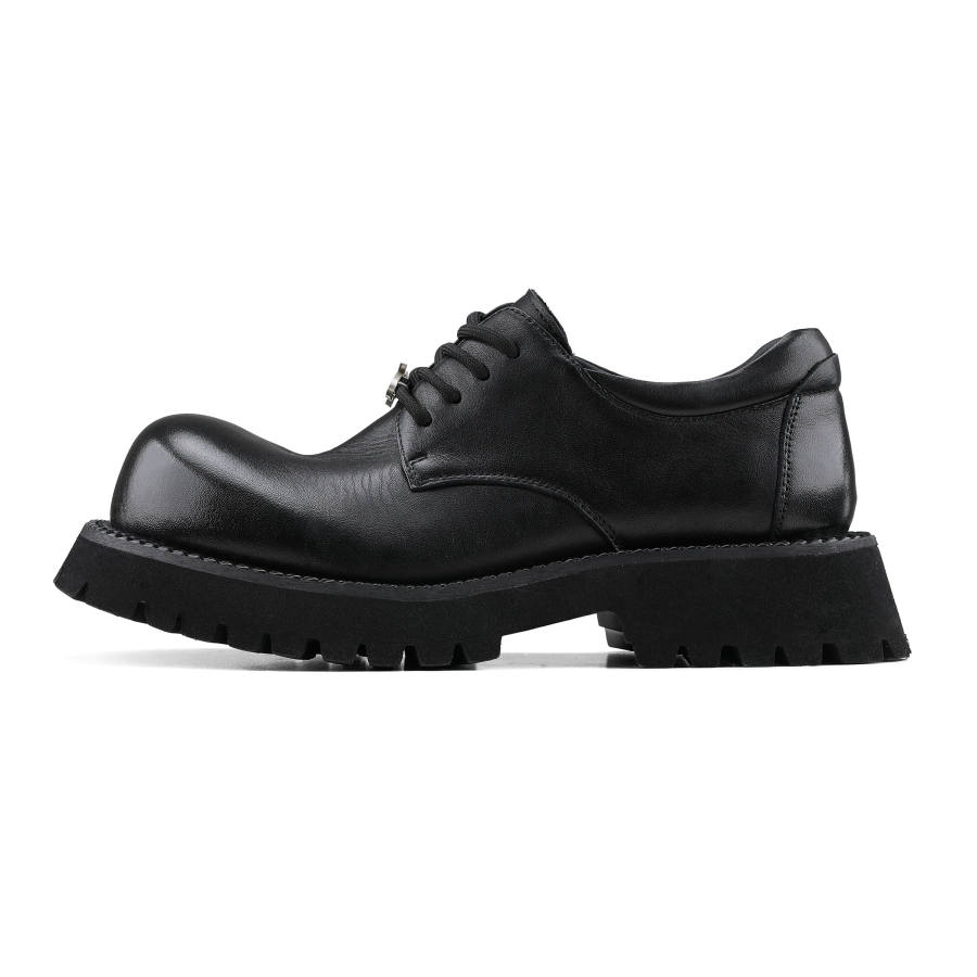 HANQIAORIJI Black Blood Collection Round Tip Derby Shoes Top Grain Cow Leather Casual Shoes Men's Black