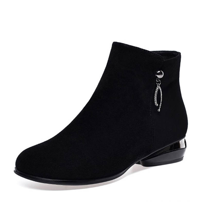 Devanro Devanro Sheepskin Casual Fashion Versatile Low Heel Chunky Heel Matte Genuine Leather And Fleece Lined Warm Zip