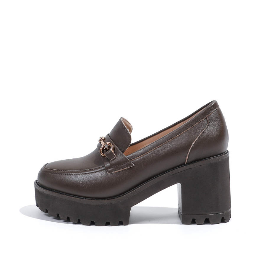 Mulinsen Cow Leather Loafers 8cm Women's Khaki