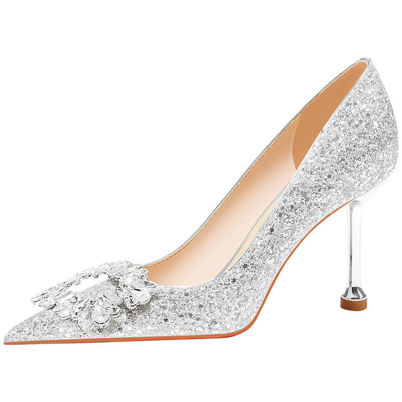 LANMOU Shinny Leather Slim Heel High Heels Women's Silver