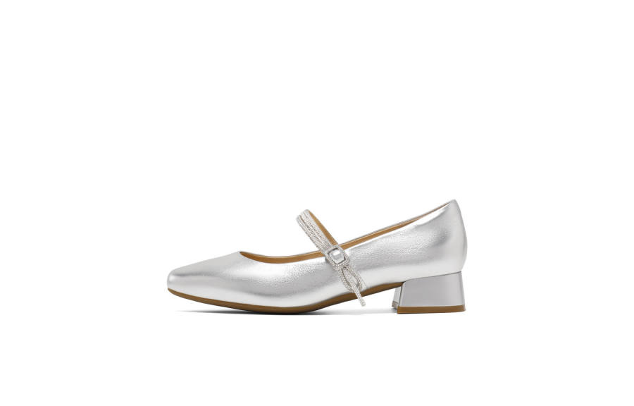 BELLE Cow Leather Block Heel Mary Jane Shoes Women's Silver