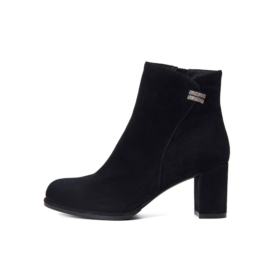 PT'SON Sheepskin Pointed Toe Fleece Lined Rhinestone Buckle Ankle Boots Women's Black