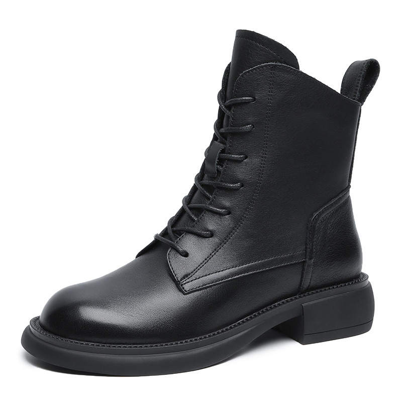 Devanro Top Grain Cow Leather Crew Combat Boots 3.5cm Women's