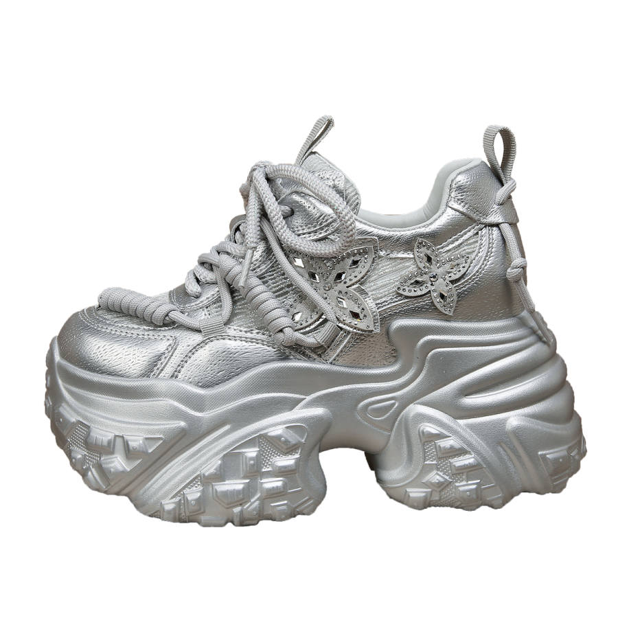 Forest Princess Synthetic Leather Breathable Low top Chunky Sneakers Women's Silver