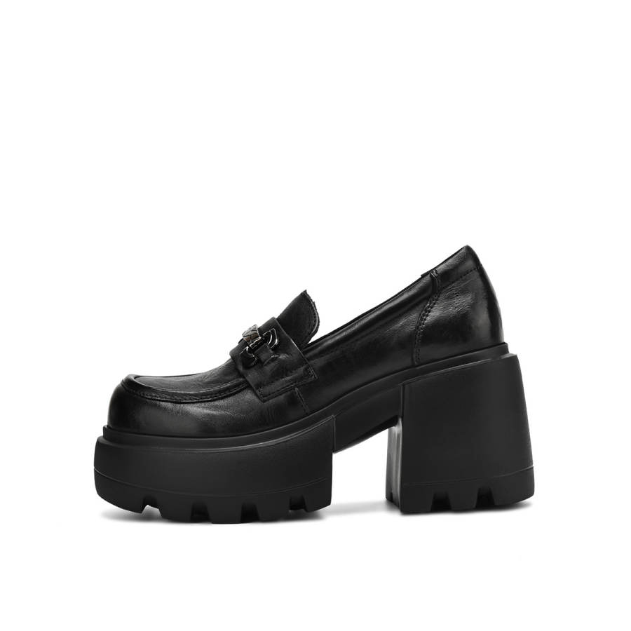 BOERDIQI Top Grain Cow Leather Chunky Heel High Heels Women's Black