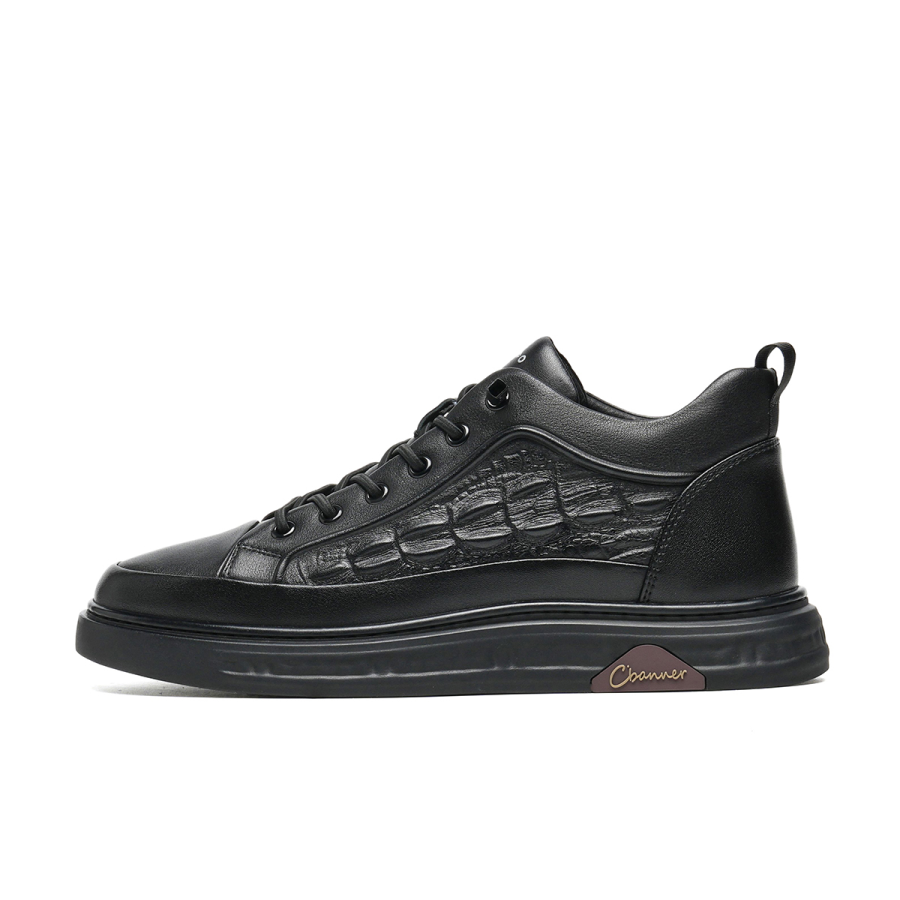C°BANNER Cow Leather Mid top Skateboard Shoes Men's Black Plus Size