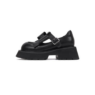 Asthershop Top Grain Cow Leather Mary Jane Shoes Women's Black