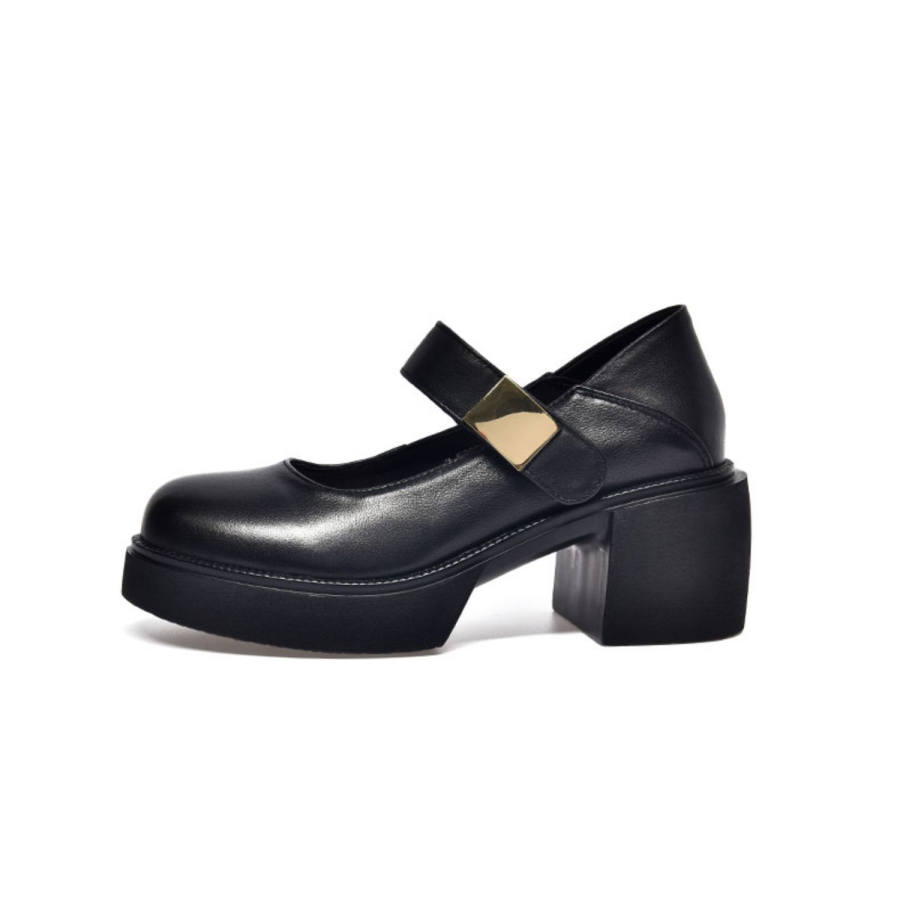 Devanro Devanro Top Grain Cow Leather Chunky Heel Mary Jane Shoes 5CM Women's