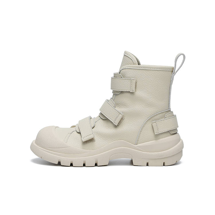 MASOOMAKE Ugly Cute Design Collection Cemented Boots Cow Split Leather Short Combat Boots Women's Apricot