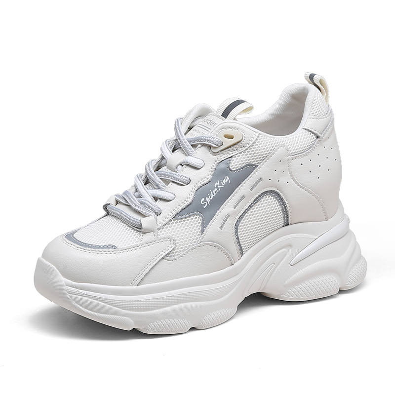 Spider King Textile, Split Cow Leather Abrasion Resistant Low top Chunky Sneakers Women's White Gray