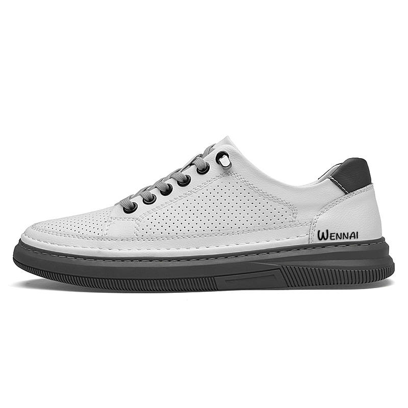 WENNAI Top Grain Cow Leather Low top Skateboard Shoes Men's White