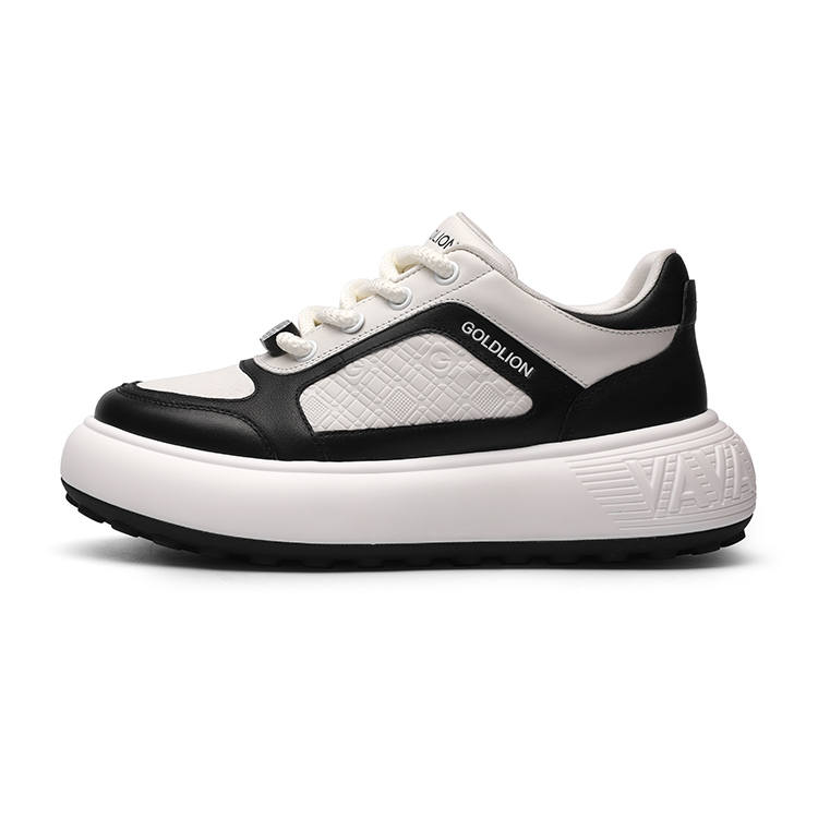 GOLDLION Top Grain Cow Leather Slip Resistant Slip Resistant Low top Skateboard Shoes Men's White/Black