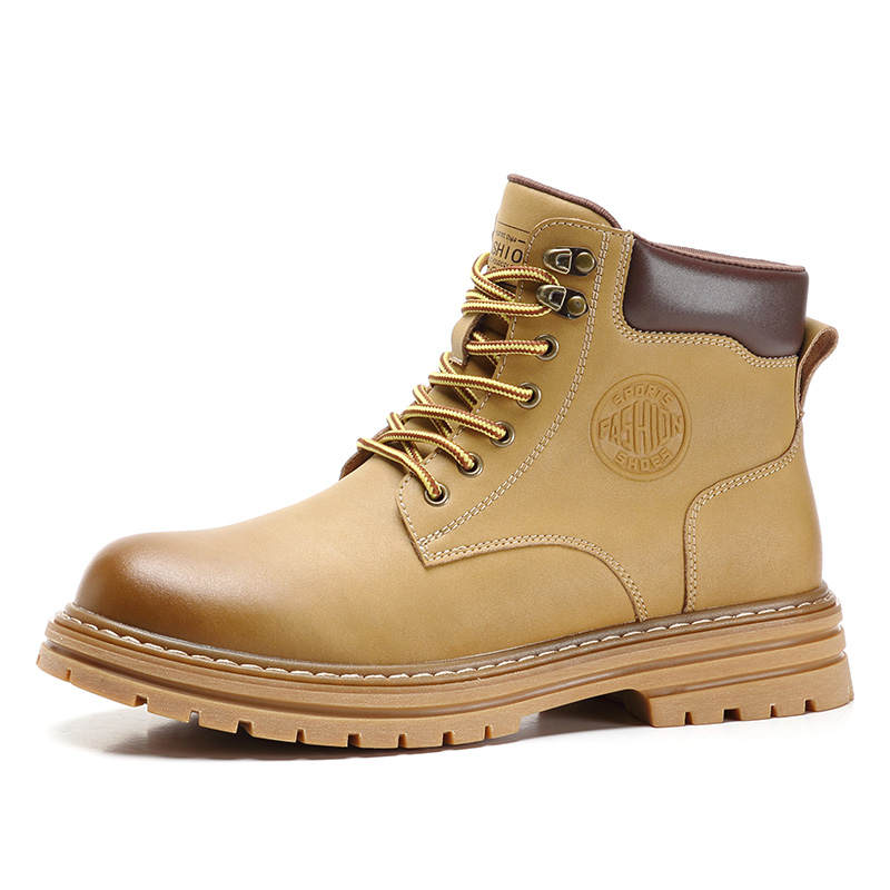 •QUNLANGSHIJIA Cow Split Leather Short Combat Boots Men's Ginger Yellow