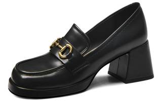 CAMEIDO Cow Split Leather Chunky Heel High Heels 6.5cm Women's Black