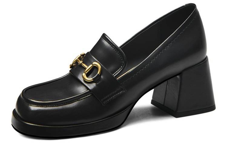 CAMEIDO Cow Split Leather Chunky Heel High Heels 6.5cm Women's Black