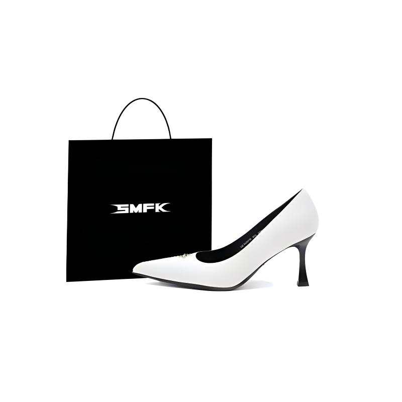SMFK Cow Leather Slim Heel High Heels Women's Snow Mountain White