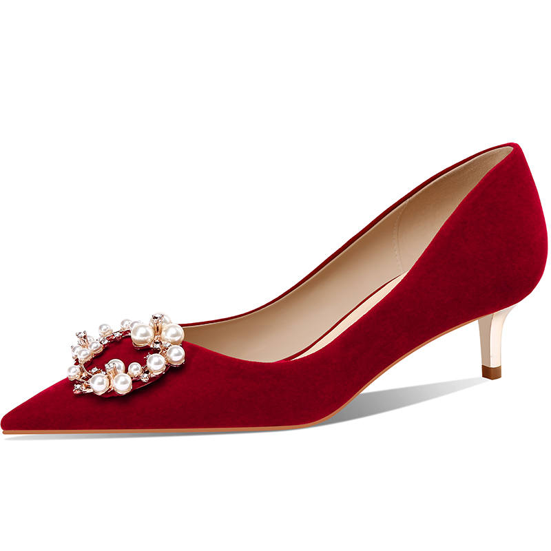 LANMOU Suede Slim Heel High Heels 4.5cm Women's Burgundy