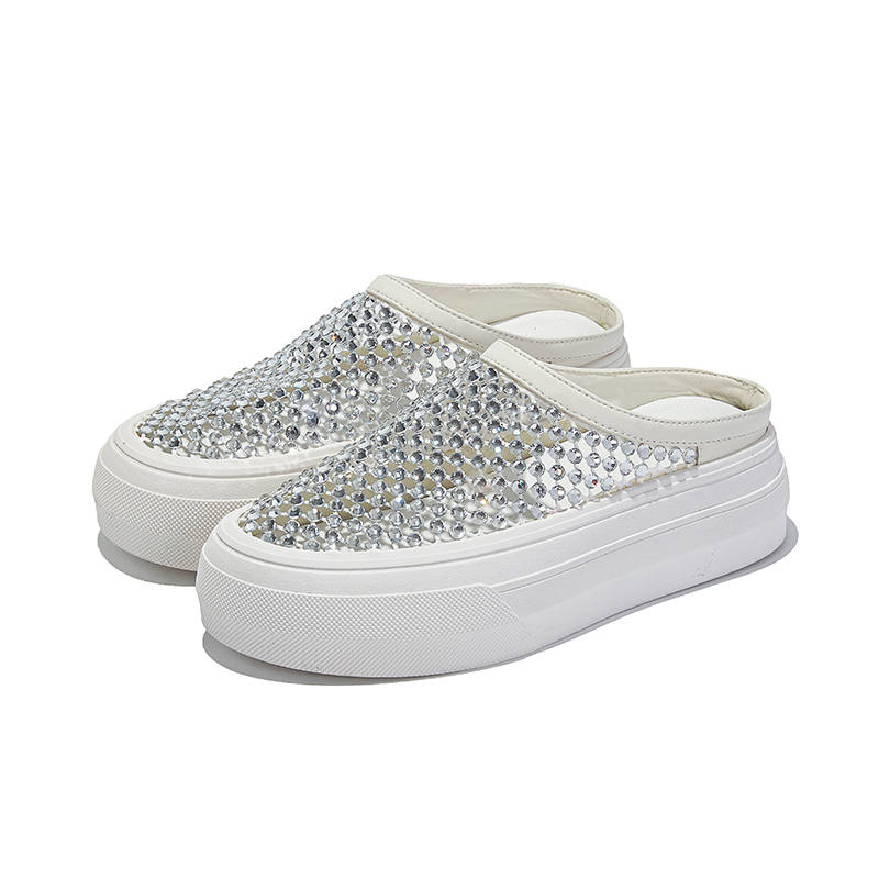 CHIBANG Rubber Sole Rhinestone Quiet Closed Toe Slippers Women's