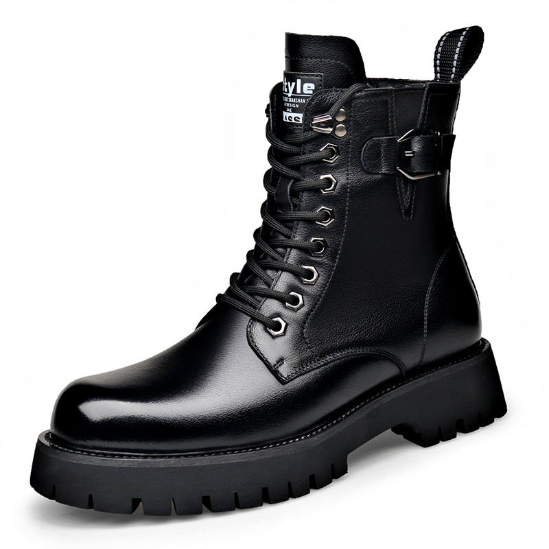 MODENGPAN MODENGPAN Top Grain Cow Leather Short Combat Boots 3.5 Cm Men's Black