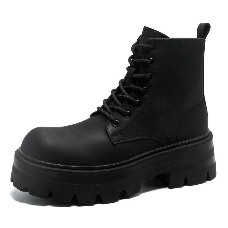 V05 Combat Boots Men's Black Lace Up Ankle Boots British Height Increasing Trendy Shoes Men's Round Tip High Top Shoes