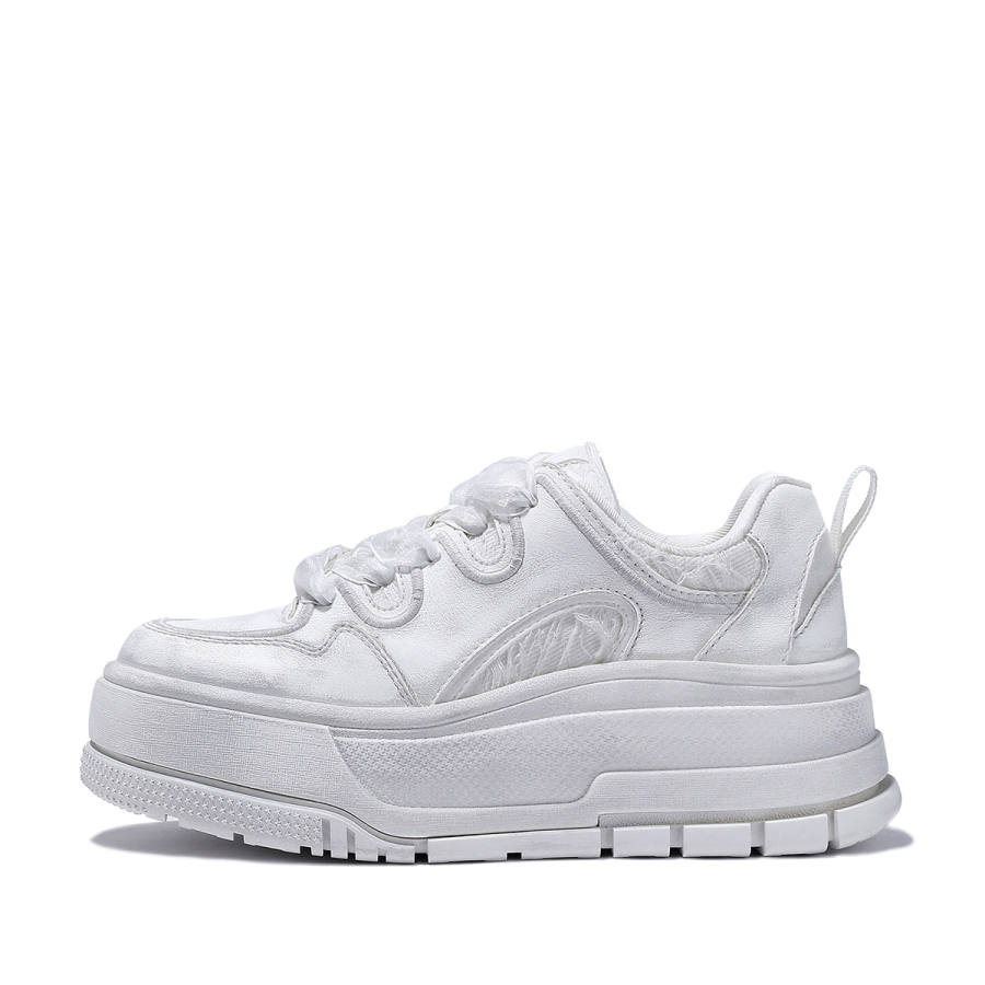 BELLALILY Top Grain Cow Leather Height Increasing Height Increasing Low top Skateboard Shoes Women's White