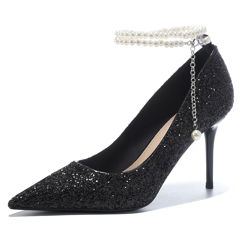 LANMOU Shinny Leather Slim Heel High Heels Women's Black
