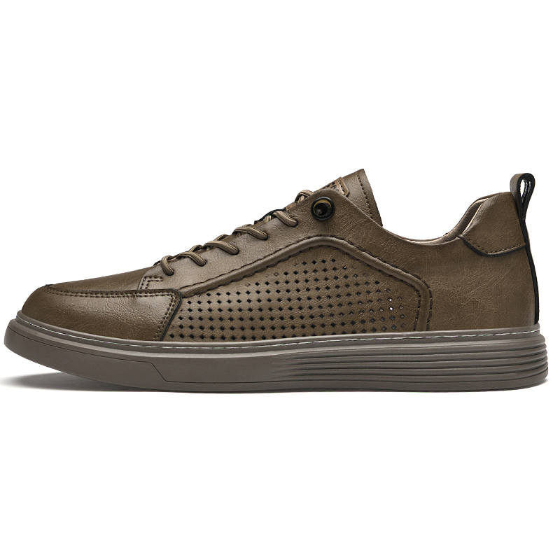 YINGLUNQISHI Top Grain Cow Leather Casual Shoes Men's Dark Khaki
