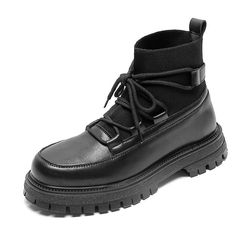 WEISHIBANGWEI WEISHIBANGWEI Cow Split Leather Short Combat Boots Low Heel Men's Black