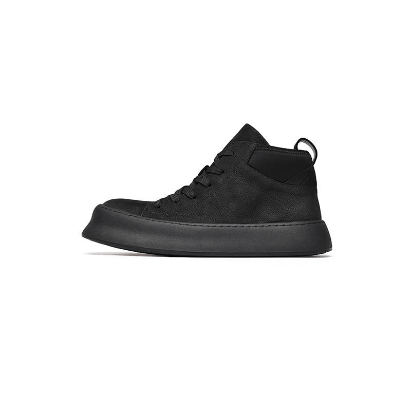 MINGYITU Cow Leather Mid top Skateboard Shoes Unisex Black