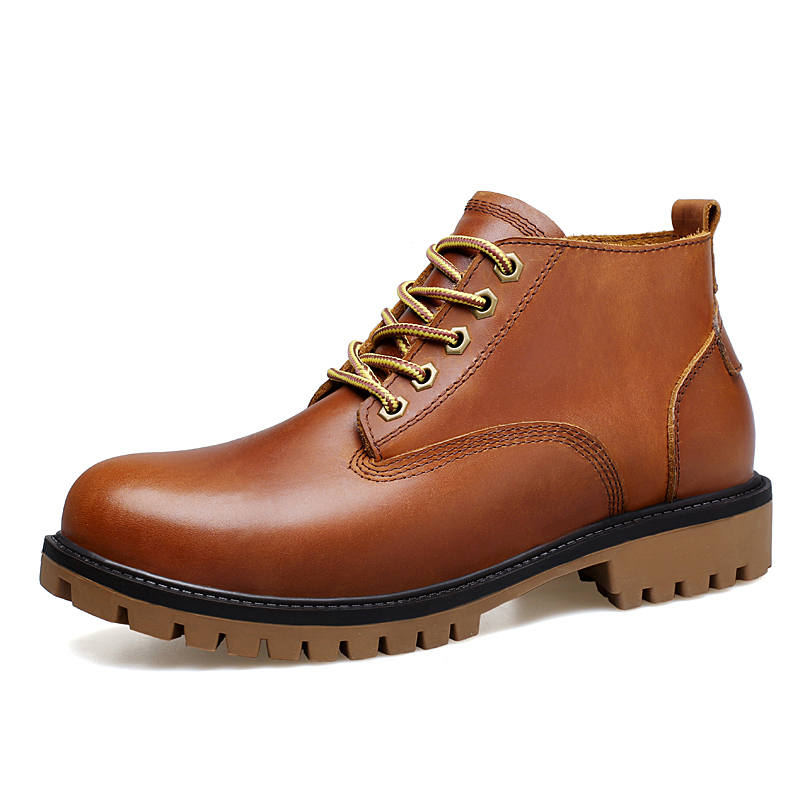 GONGNIULEITING Top Grain Cow Leather Short Combat Boots Unisex Brown
