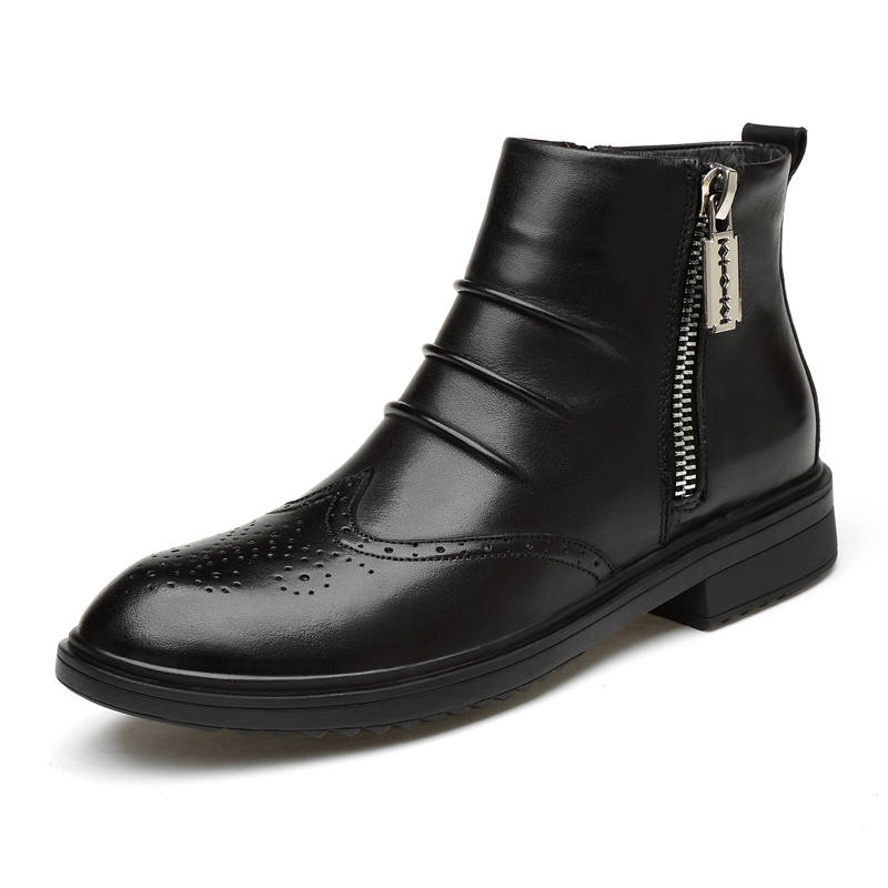 GONGNIULEITING Top Grain Cow Leather Ankle Boots Unisex Black