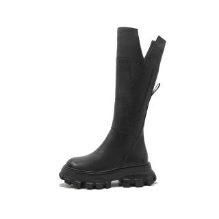 PIERCE GENTRY Top Grain Cow Leather Knee high Boots 6CM Women's Black
