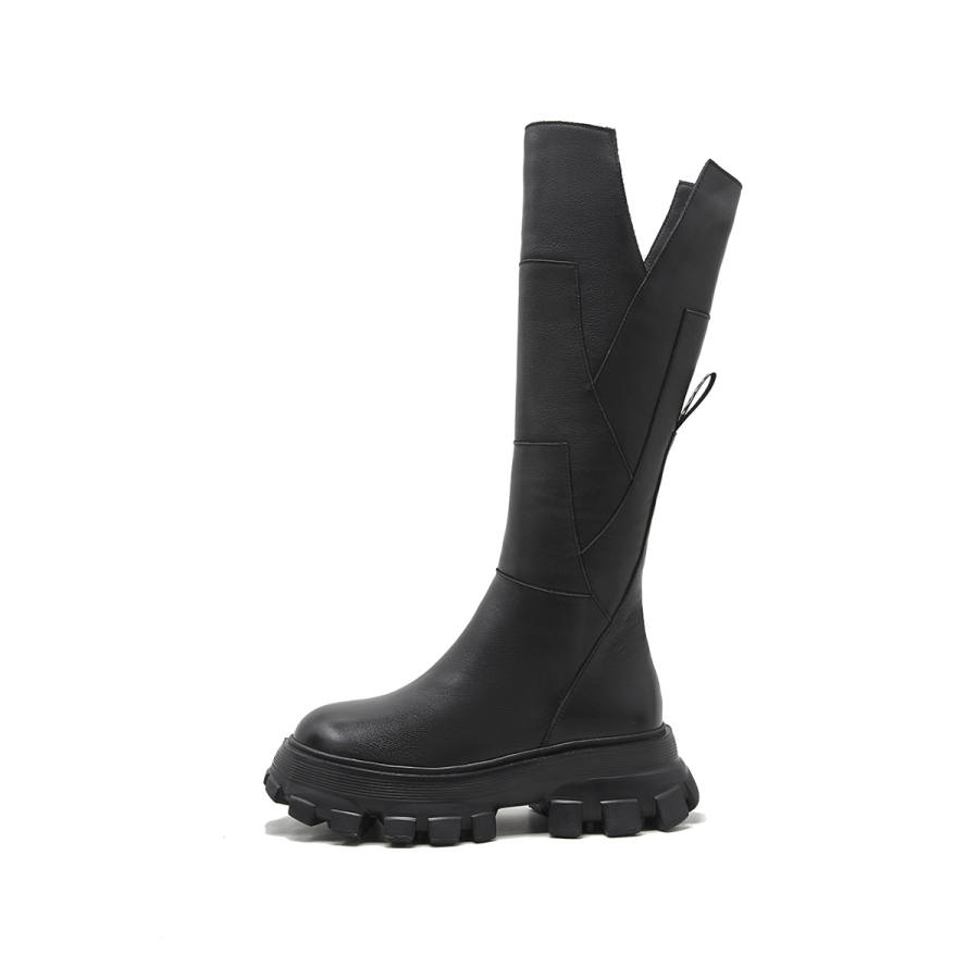 PIERCE GENTRY Top Grain Cow Leather Knee high Boots 6CM Women's Black