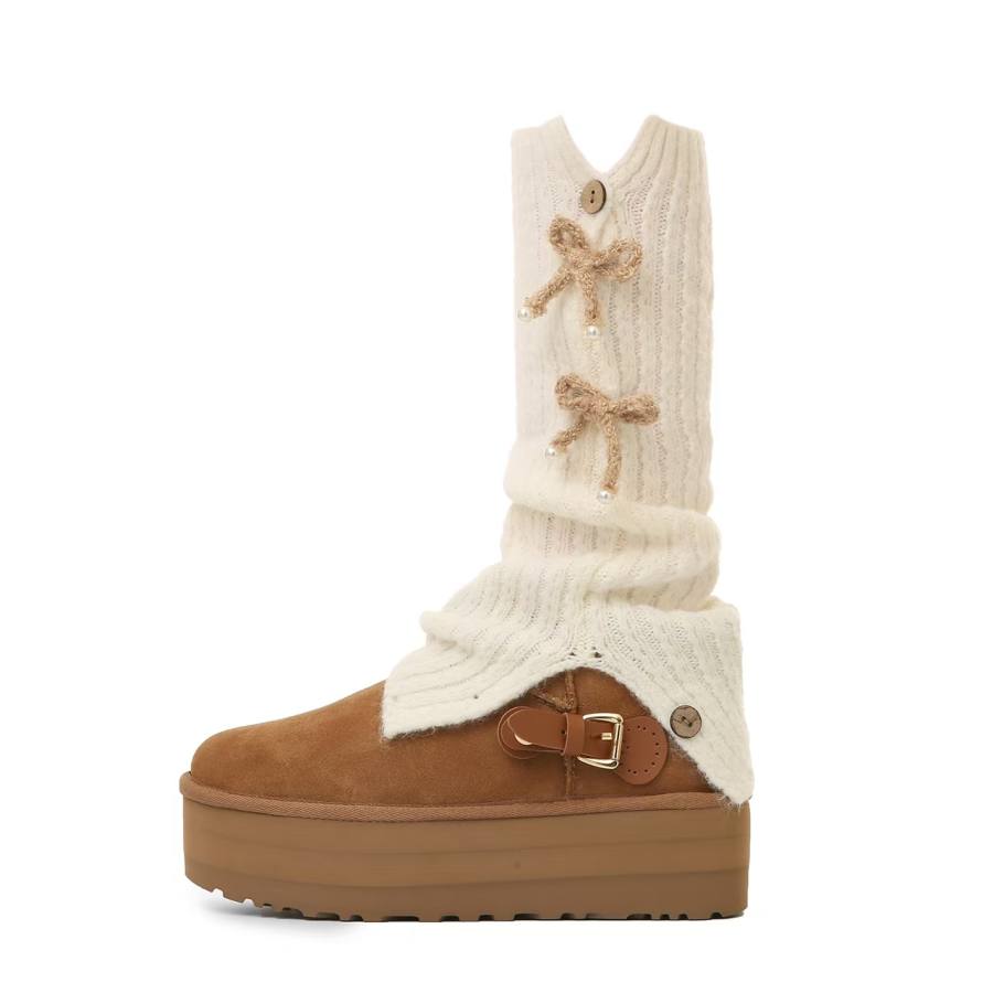 UGG UGG Cow Split Leather Thermal Waterproof Height Increasing Short Snow Boots Women's Linen