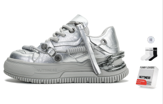 NUTTINESS Original Design, Unrestrained Ink Wash Collection Cow Leather Low top Skateboard Shoes Unisex Space Silver