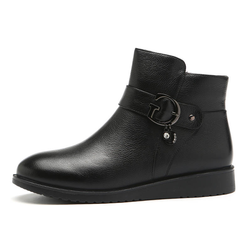 AOKANG Cow Leather Winter Fleece Lined Thermal Comfortable Versatile Casual High Top Ankle Boots Women's Black