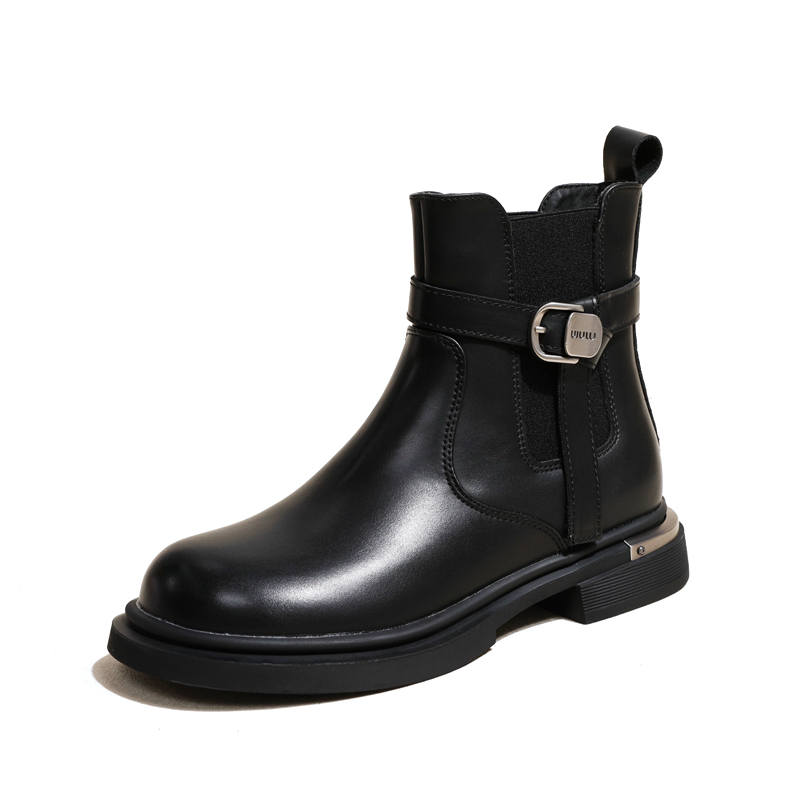 Ouumeis Cow Split Leather Short Chelsea Boots Women's Black