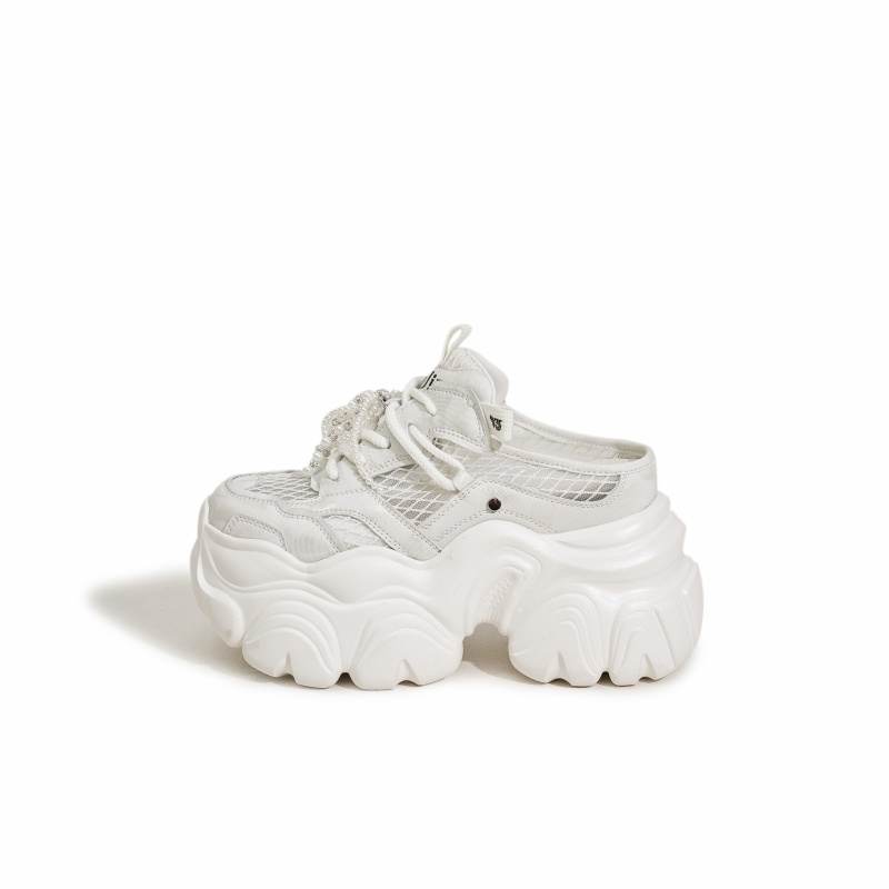 MILANLIANGE Rubber Sole Rhinestone Stitching Abrasion Resistant Slip Resistant Closed Toe Slippers Women's White