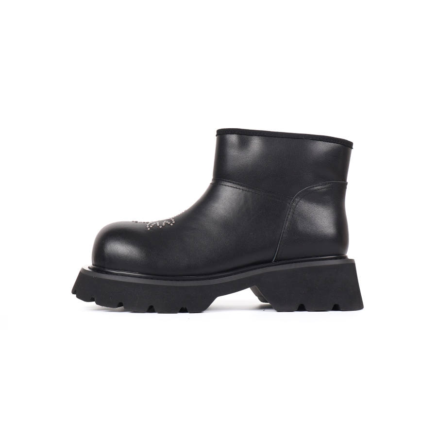 Asthershop Top Grain Cow Leather Thermal Short Snow Boots Unisex Black
